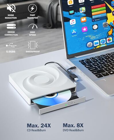 Wbacon External CD/DVD Drive for Laptop, Portable USB 3.0 Disk Drive | External DVD Drive, DVD Player CD Reader for Laptop, CD Burner Compatible with PC Windows 11/10/8/7 Linux Mac OS (White) in Saudi Arabia