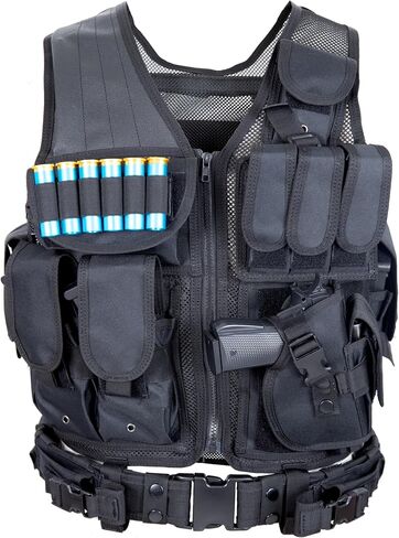 Black Tactical Vest with Holster Adjustable Waist for Combat Airsoft Paintball Training Adults Men Size XX-Large-3X-Large in Saudi Arabia