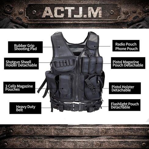 Black Tactical Vest with Holster Adjustable Waist for Combat Airsoft Paintball Training Adults Men Size XX-Large-3X-Large in Saudi Arabia