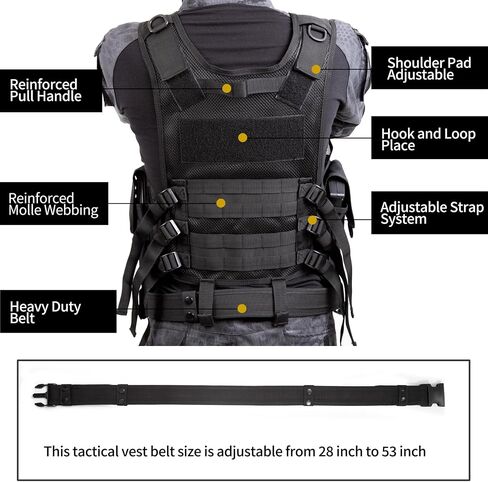 Black Tactical Vest with Holster Adjustable Waist for Combat Airsoft Paintball Training Adults Men Size XX-Large-3X-Large in Saudi Arabia