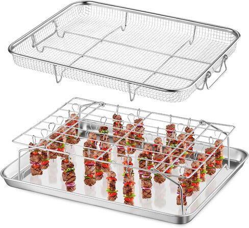 E-far Air Fryer Basket for Oven, Large 16" x 12" Stainless Steel Air Fryer Pan and Crisper Tray, Air Fryer Rack with Baking Pan for Crisper Foods Frying Healthy Cooking, Dishwasher Safe in Saudi Arabia