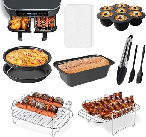 Dual Basket Air Fryer Accessories, Fit for Ninja Dual Air Fryer DZ201,DZ401 | & Most 8 Quart - 10 Quart and Larger Dual Zone Air Fryer, Include Cake Pizza Pan, Rack & Skewer, Paper Liner, etc in Saudi Arabia