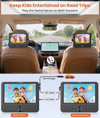 FANGOR 7.5 Inch Dual Car DVD Player, Portable Headrest Video Player for Car with 5 Hours Rechargeable Battery, Last Memory, AV Out/in, Support USB/SD/Sync TV, All Regions (1 Player+1 LCD Screen) in Saudi Arabia