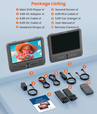 FANGOR 7.5 Inch Dual Car DVD Player, Portable Headrest Video Player for Car with 5 Hours Rechargeable Battery, Last Memory, AV Out/in, Support USB/SD/Sync TV, All Regions (1 Player+1 LCD Screen) in Saudi Arabia