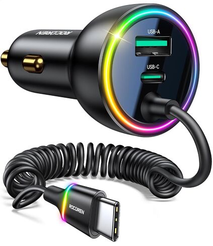 Rocoren 70W USB C Fast Car Charger Cigarette Lighter Adapter with 5.2Ft | Coiled Cable Super Fast Charging for iPhone 17 Pro Max/17/16/15, iPad, Samsung and Android Devices in Saudi Arabia