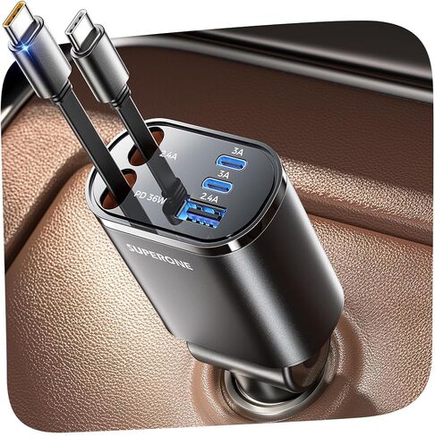 SUPERONE 5 in 1 Retractable Car Charge with Dual Type C Cables | 90W Fast Charging Car Charger, Ultra-Compact USB C Car Accessories Adapter, for iPhone 17/16/15/14/13/12, Galaxy, iPad, Black in Saudi Arabia