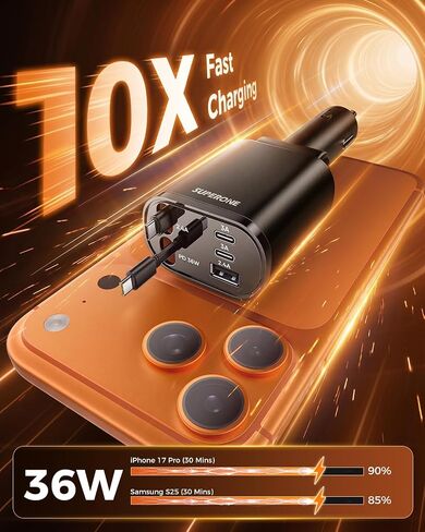 SUPERONE 5 in 1 Retractable Car Charge with Dual Type C Cables | 90W Fast Charging Car Charger, Ultra-Compact USB C Car Accessories Adapter, for iPhone 17/16/15/14/13/12, Galaxy, iPad, Black in Saudi Arabia