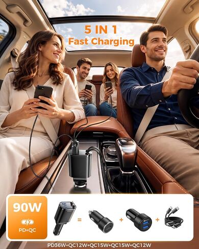 SUPERONE 5 in 1 Retractable Car Charge with Dual Type C Cables | 90W Fast Charging Car Charger, Ultra-Compact USB C Car Accessories Adapter, for iPhone 17/16/15/14/13/12, Galaxy, iPad, Black in Saudi Arabia