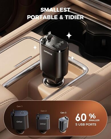 SUPERONE 5 in 1 Retractable Car Charge with Dual Type C Cables | 90W Fast Charging Car Charger, Ultra-Compact USB C Car Accessories Adapter, for iPhone 17/16/15/14/13/12, Galaxy, iPad, Black in Saudi Arabia