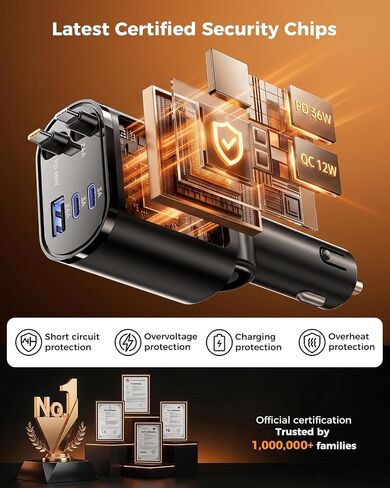 SUPERONE 5 in 1 Retractable Car Charge with Dual Type C Cables | 90W Fast Charging Car Charger, Ultra-Compact USB C Car Accessories Adapter, for iPhone 17/16/15/14/13/12, Galaxy, iPad, Black in Saudi Arabia
