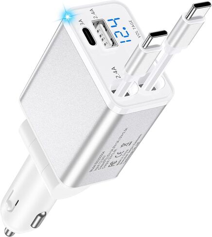 Retractable Car Phone Charger for Samsung S26 S25 Android 4 in 1 Fast USB C | Car Charging Adapter With 2 Flexible USB C Cable, USBC Cigarette Lighter Gift for Men Car Gadgets Electronics Accessories in Saudi Arabia