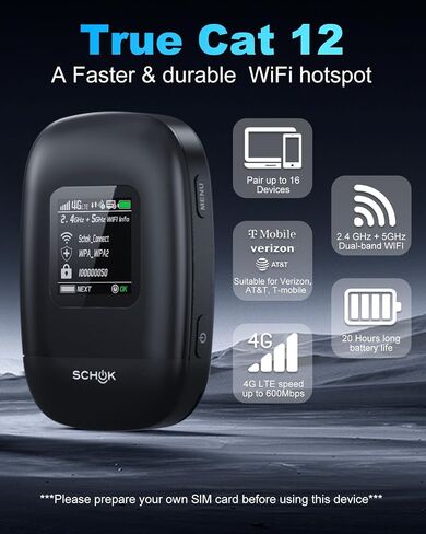SCHOK 4G LTE Portable WiFi - Cat 12 Mobile Hotspot Travel Router, 600Mbps Download High Speed, Dual Bands (2.4GHz/5GHz), Compatible with Verizon, T-Mobile, AT&T, Supports 16 Connected Devices in Saudi Arabia
