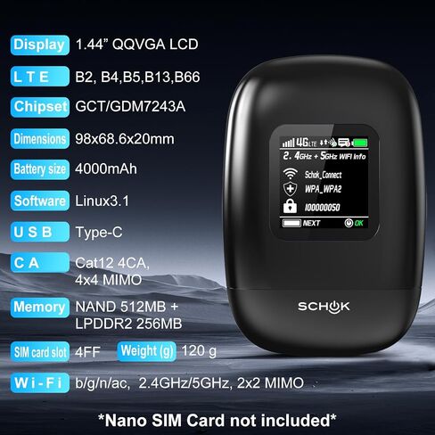 SCHOK 4G LTE Portable WiFi - Cat 12 Mobile Hotspot Travel Router, 600Mbps Download High Speed, Dual Bands (2.4GHz/5GHz), Compatible with Verizon, T-Mobile, AT&T, Supports 16 Connected Devices in Saudi Arabia