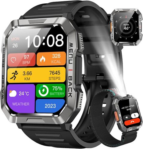 Military Smart Watch for Men(Answer/Make Call), Outdoor Sports Smartwatch with Flashlight/100 Days Battery/Compass/Heart Rate/SpO2/Sleep Monitor/2 Straps, Fitness Tracker for iPhone/Android Phones in Saudi Arabia