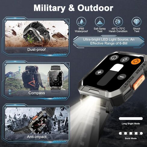Military Smart Watch for Men(Answer/Make Call), Outdoor Sports Smartwatch with Flashlight/100 Days Battery/Compass/Heart Rate/SpO2/Sleep Monitor/2 Straps, Fitness Tracker for iPhone/Android Phones in Saudi Arabia