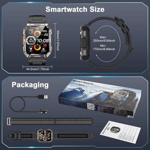 Military Smart Watch for Men(Answer/Make Call), Outdoor Sports Smartwatch with Flashlight/100 Days Battery/Compass/Heart Rate/SpO2/Sleep Monitor/2 Straps, Fitness Tracker for iPhone/Android Phones in Saudi Arabia