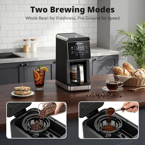 AIRMSEN Grind & Brew Coffee Maker with Built-In Grinder 5-Cup | Drip Coffee Machine with 24H Programmable Timer, 3 Grind Settings, Fresh Ground Coffee Maker for Home & Office in Saudi Arabia