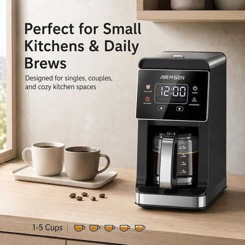AIRMSEN Grind & Brew Coffee Maker with Built-In Grinder 5-Cup | Drip Coffee Machine with 24H Programmable Timer, 3 Grind Settings, Fresh Ground Coffee Maker for Home & Office in Saudi Arabia