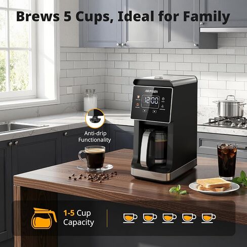AIRMSEN Grind & Brew Coffee Maker with Built-In Grinder 5-Cup | Drip Coffee Machine with 24H Programmable Timer, 3 Grind Settings, Fresh Ground Coffee Maker for Home & Office in Saudi Arabia