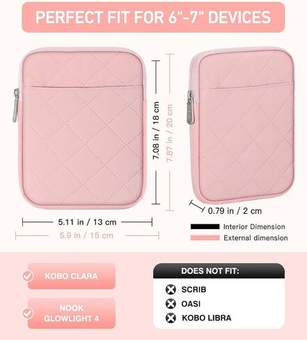 MoKo 6-7 inch Padded E-Reader Sleeve Case with Dual Pockets Fits with 6/6.8/7-inch E-Reader/Nook/Kobo, Protective Sleeve Cover Pouch Bag Carrying Case, Pink in Kuwait