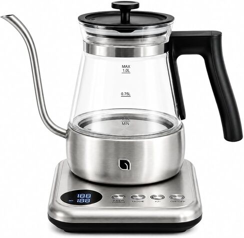 WILLOW Glass Gooseneck Electric Kettle, 5 Temperature Control Presets & Keep Warm, Pour Over Kettle for Coffee & Tea, 1L 1200W Hot Water Boiler, Non-Toxic BPA-Free Electric Tea Kettle, LED Display in Saudi Arabia