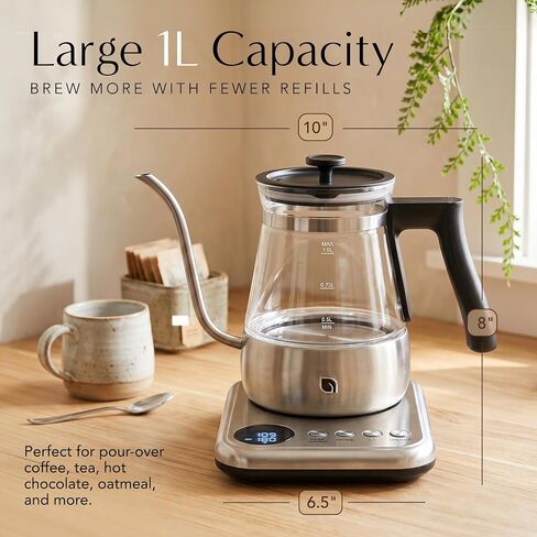 WILLOW Glass Gooseneck Electric Kettle, 5 Temperature Control Presets & Keep Warm, Pour Over Kettle for Coffee & Tea, 1L 1200W Hot Water Boiler, Non-Toxic BPA-Free Electric Tea Kettle, LED Display in Saudi Arabia
