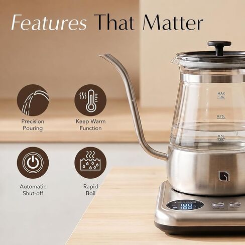 WILLOW Glass Gooseneck Electric Kettle, 5 Temperature Control Presets & Keep Warm, Pour Over Kettle for Coffee & Tea, 1L 1200W Hot Water Boiler, Non-Toxic BPA-Free Electric Tea Kettle, LED Display in Saudi Arabia