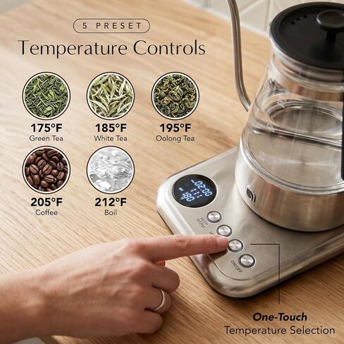 WILLOW Glass Gooseneck Electric Kettle, 5 Temperature Control Presets & Keep Warm, Pour Over Kettle for Coffee & Tea, 1L 1200W Hot Water Boiler, Non-Toxic BPA-Free Electric Tea Kettle, LED Display in Saudi Arabia