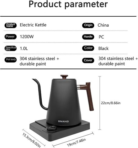 Electric Kettles, Gooseneck Electric Kettle, ±1℉ Temperature Control, for Pour Over Coffee and Tea, 304 Stainless Steel Inner, BPA-Free, Quick Heating Electric Kettles for Boiling Water, 1L Black in Saudi Arabia
