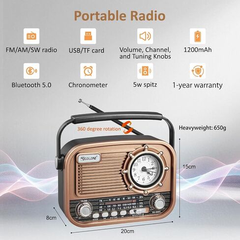 راديو AM FM محمول على الموجات القصيرة مع مكبر صوت بلوتوث، راديو ترانزستور تناظري يعمل ببطارية قابلة لإعادة الشحن لكبار السن وكبار السن، راديو FM سهل الاستخدام مع مقبض حمل، مشغل MP3 USB/TF in Kuwait