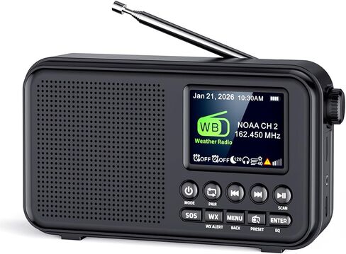 OnLyee Portable FM Radio with Bluetooth, NOAA Weather Alert, Black | 2.4" Color Display, 40 Preset, 8W Clear Sound, 3000mAh Rechargeable, Sleep Timer, MicroSD Playback, Headphone Jack, Home in Saudi Arabia