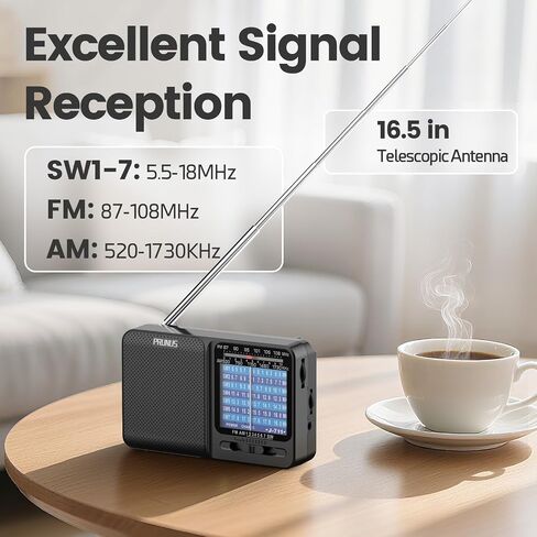 PRUNUS J-711 Shortwave Radio SW1-SW7(5.5-18 MHz) Portable Radio AM/FM | USB-C Charging& AA Battery Operated, Excellent Reception, Long Antenna, Earphone Jack, Lanyard, Transistor Radios, SW Radio in Saudi Arabia