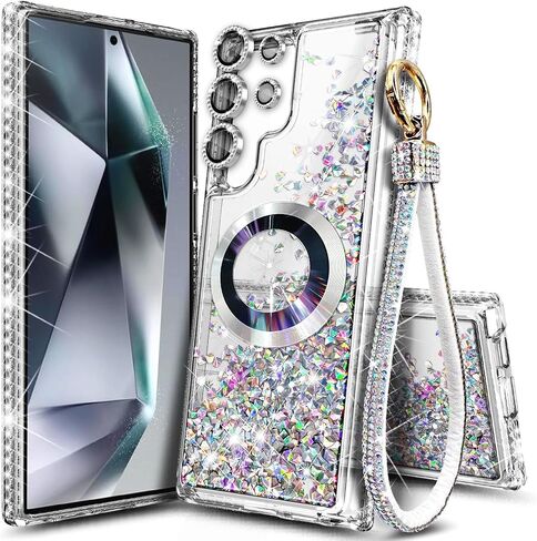 NGB Designed for Samsung Galaxy S23 Ultra Case, Clear | Magnetic Compatible with MagSafe | Glitter Liquid Sparkle Cute Cover for Women Girls | with Camera Lens Protector & Wrist Strap in Saudi Arabia