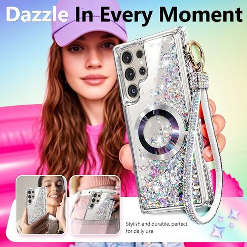 NGB Designed for Samsung Galaxy S23 Ultra Case, Clear | Magnetic Compatible with MagSafe | Glitter Liquid Sparkle Cute Cover for Women Girls | with Camera Lens Protector & Wrist Strap in Saudi Arabia