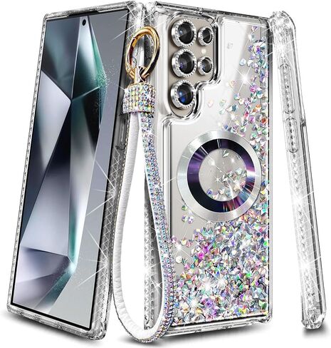 NGB Designed for Samsung Galaxy S23 Ultra Case, Clear | Magnetic Compatible with MagSafe | Glitter Liquid Sparkle Cute Cover for Women Girls | with Camera Lens Protector & Wrist Strap in Saudi Arabia