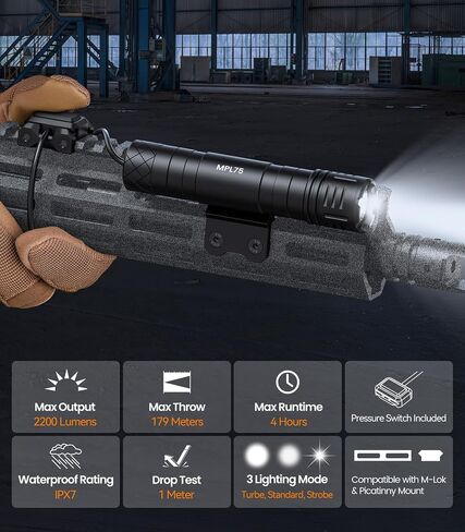 Guardtier MPL75 Weapon Light, 2200 Lumen Compatible with Mlok & Picatinny Rechargeable Tactical Rifle Flashlight with Pressure Switch, All Mounting Plates Included in Saudi Arabia