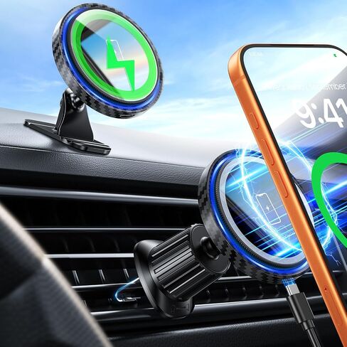 3 in 1 Magnetic Car Charger Mount 15W for iPhone 17-12 Pro Max | N52 Strong Magnets, 360° Rotation, Dashboard & Vent Mount, Compatible with Magnetic Cases, Gift for Men, Black in Kuwait