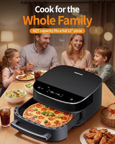 6QT Large Air Fryer, 11-in-1 Air Fryer Top & Bottom Heating, No Flip Needed | 2X Faster Heating 50dB Quiet Air Fryer 270° View Window Flat Airfryer Fits 12" Pizza Easy to Clean for Family Meals in Saudi Arabia