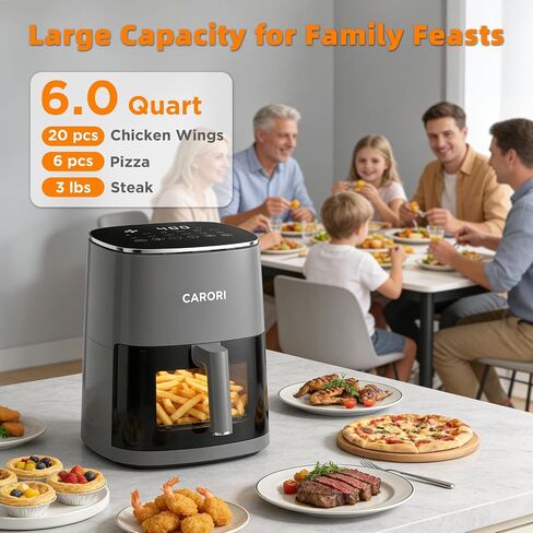 CARORI 6QT Air Fryer with Viewing Window, 12 Cooking Presets, 1700W Fast & Even Cooking, Max 400℉ Crisping, Bake, Roast, Reheat & Dehydrate, Large Nonstick Basket, Dishwasher Safe, Gray in Saudi Arabia
