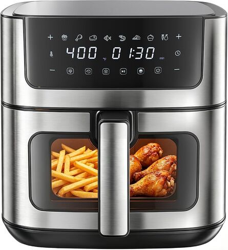 DUMOS 6.34QT Air Fryer, Airfryer 8-in-1 with Viewing Window | Digital Touchscreen, 400°F Rapid Air Circulation, 1-90 Min Timer, Stainless Steel, Nonstick Dishwasher-Safe Basket, Black in Kuwait