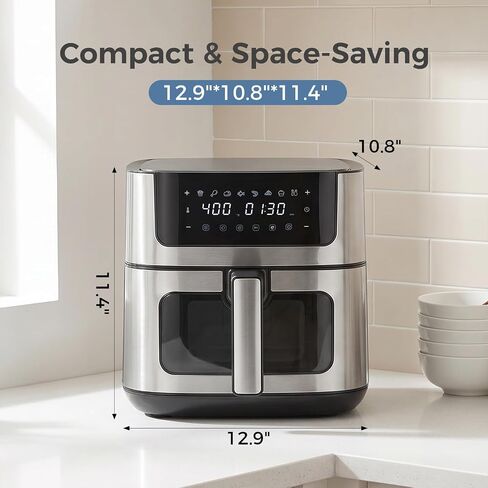 DUMOS 6.34QT Air Fryer, Airfryer 8-in-1 with Viewing Window | Digital Touchscreen, 400°F Rapid Air Circulation, 1-90 Min Timer, Stainless Steel, Nonstick Dishwasher-Safe Basket, Black in Kuwait