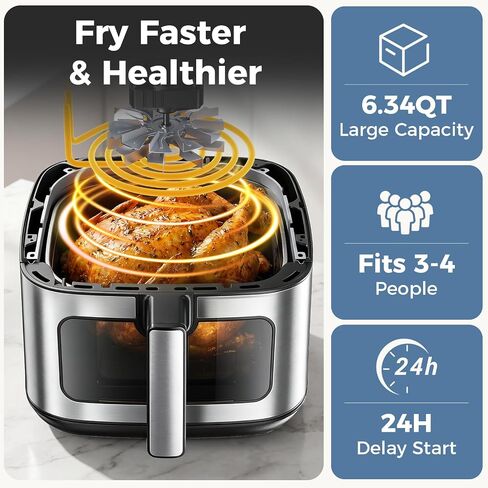 DUMOS 6.34QT Air Fryer, Airfryer 8-in-1 with Viewing Window | Digital Touchscreen, 400°F Rapid Air Circulation, 1-90 Min Timer, Stainless Steel, Nonstick Dishwasher-Safe Basket, Black in Kuwait