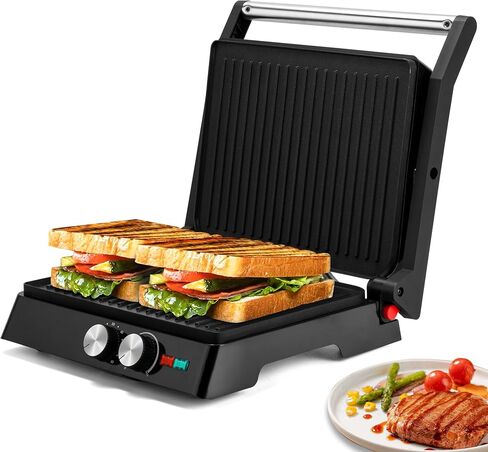 SUSTEAS Panini Press Sandwich Maker and Electric Indoor Grill with Temperature Time Setting, Easy Clean Nonstick Grids, Opens 180°/105° to Fit Any Type or Size of Food, 1400W, BBQ, Black in Saudi Arabia