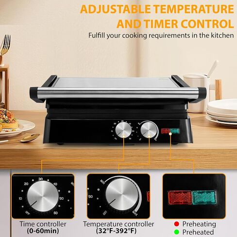 SUSTEAS Panini Press Sandwich Maker and Electric Indoor Grill with Temperature Time Setting, Easy Clean Nonstick Grids, Opens 180°/105° to Fit Any Type or Size of Food, 1400W, BBQ, Black in Saudi Arabia