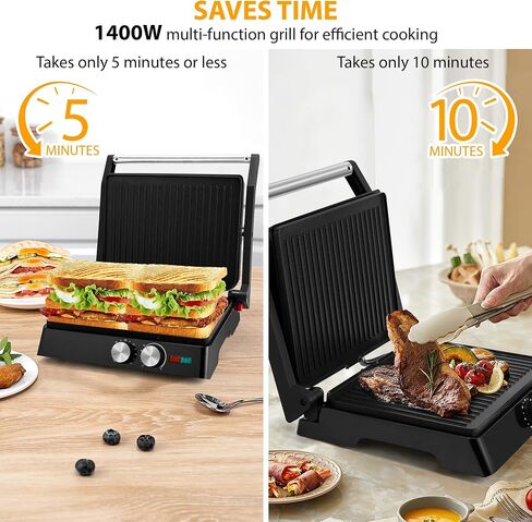SUSTEAS Panini Press Sandwich Maker and Electric Indoor Grill with Temperature Time Setting, Easy Clean Nonstick Grids, Opens 180°/105° to Fit Any Type or Size of Food, 1400W, BBQ, Black in Saudi Arabia