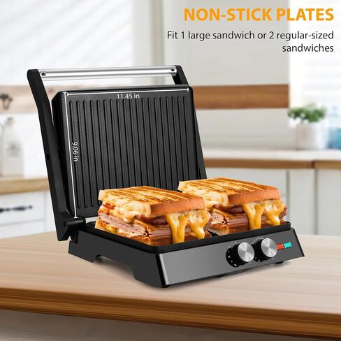 SUSTEAS Panini Press Sandwich Maker and Electric Indoor Grill with Temperature Time Setting, Easy Clean Nonstick Grids, Opens 180°/105° to Fit Any Type or Size of Food, 1400W, BBQ, Black in Saudi Arabia