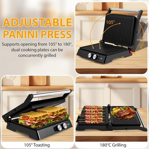 SUSTEAS Panini Press Sandwich Maker and Electric Indoor Grill with Temperature Time Setting, Easy Clean Nonstick Grids, Opens 180°/105° to Fit Any Type or Size of Food, 1400W, BBQ, Black in Saudi Arabia