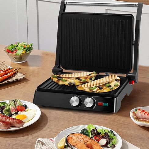 SUSTEAS Panini Press Sandwich Maker and Electric Indoor Grill with Temperature Time Setting, Easy Clean Nonstick Grids, Opens 180°/105° to Fit Any Type or Size of Food, 1400W, BBQ, Black in Saudi Arabia