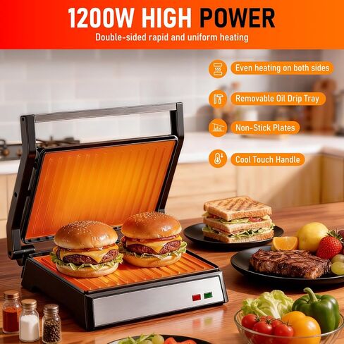 Panini Press Grill, 1200W Sandwich Maker with Non-Stick Plates, Standard 2-Slice Sandwich Press Electric Indoor Grill, Opens 180° to Fit Any Size of Food, Stainless Steel, Removable Drip Tray, Sliver in Saudi Arabia