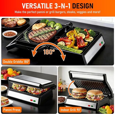 Panini Press Grill, 1200W Sandwich Maker with Non-Stick Plates, Standard 2-Slice Sandwich Press Electric Indoor Grill, Opens 180° to Fit Any Size of Food, Stainless Steel, Removable Drip Tray, Sliver in Saudi Arabia